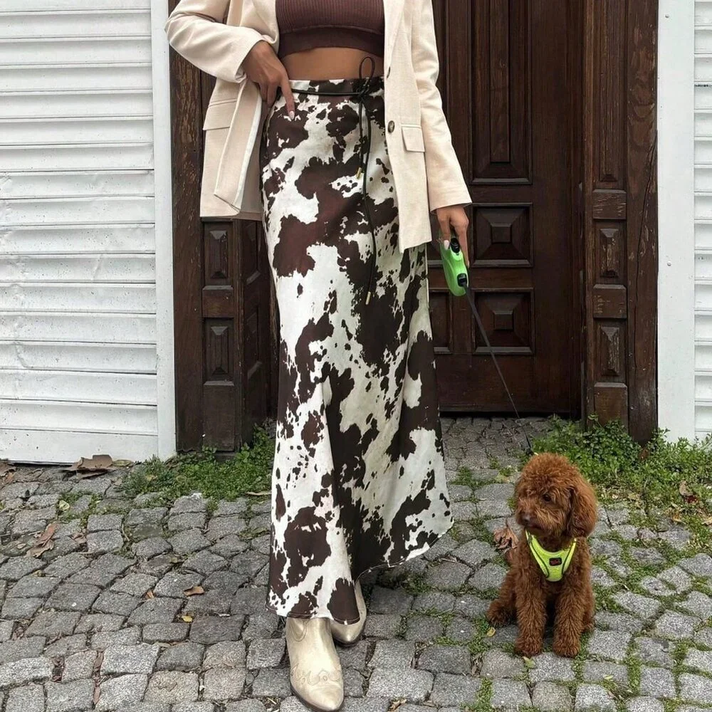 Multicolor Casual Women's Elegant Long Midi Satin Skirts with Animal Print